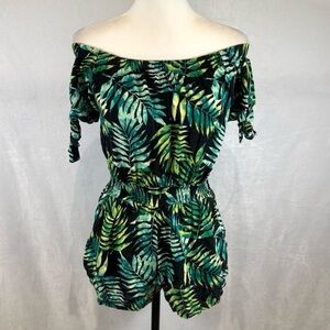 Derek Heart Black and Green Leaf Patterned Romper